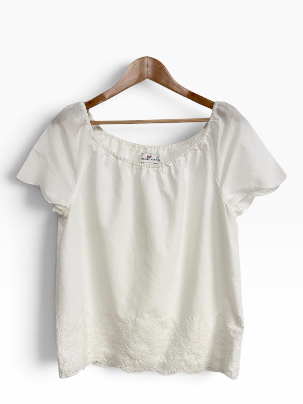 Vineyard Vines White Embroidered Scallop Hem Short Sleeve Blouse Top Womens S